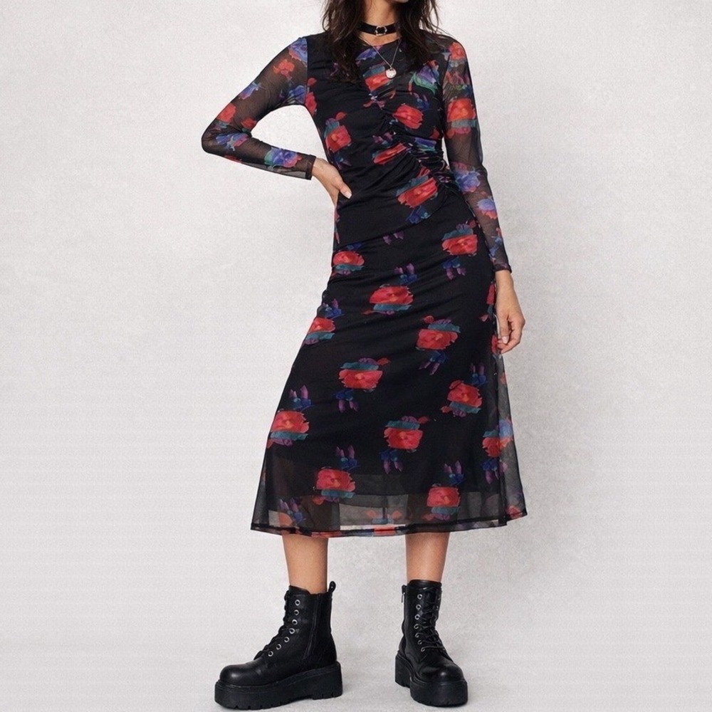 NASTY GAL Floral Mesh Ruched Midi Dress Size 8 Fairy Grunge Whimsigoth A-line